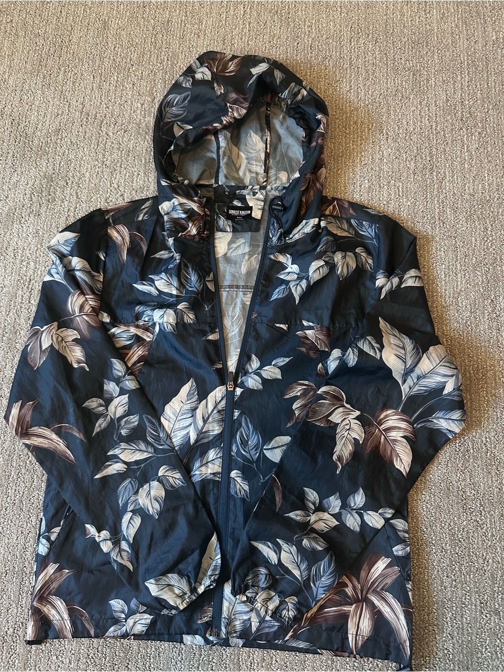Men's Black Floral Hooded Windbreaker with Neutral Leaf Print